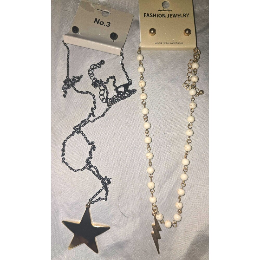 Fashion Jewelry Lot of 2 Cable Chain Star Pendant & Beaded Lightning Charm